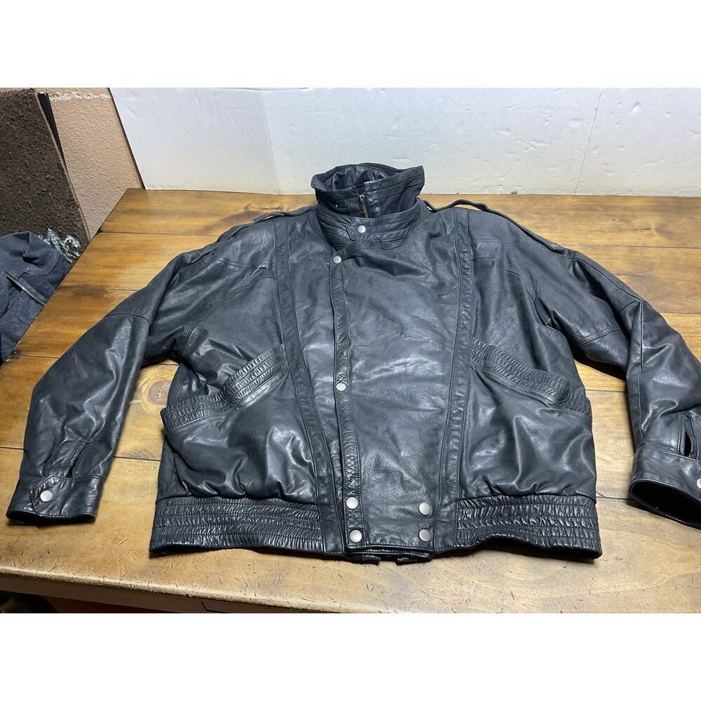 Vintage I.O.U Jacket Men's Large Black Bomber Leather Heavy
